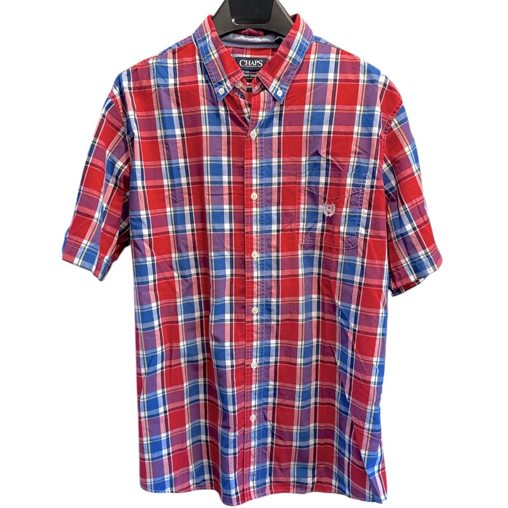 Chaps Men’s Easy Care Red & Blue Plaid Casual Button Down short sleeve Shirt XL